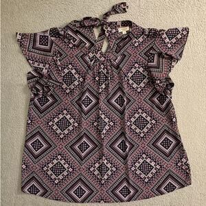 Andree by Unit Tank Top 3X Floral Geometric Blue Pink Ruffle Career Boho Blouse